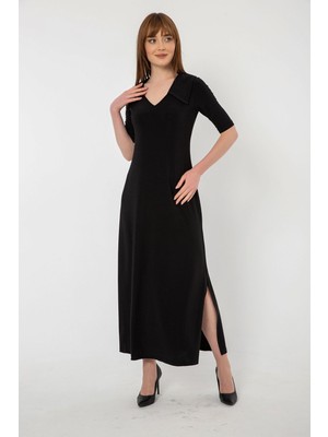 Laranor Gömlek Yaka Yırtmaç Detay Uzun Elbise 42 - Siyah