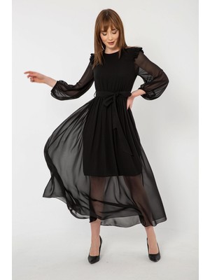 Laranor Prenses Kol Kuşaklı Şifon Elbise 36 - Siyah