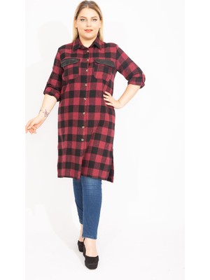 Şans Kadın Bordo Ekose Desenli Ön Düğmeli Suni Deri Garnili Tunik Elbise 65N35422