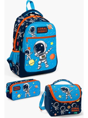 Coral High Coral SET23486 High Astronot Desenli 3’lü Okul Çanta Seti 18,5 Litre Kapasiteli Lacivert Mavi Polyester