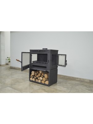Flame Stove FS-042YKST Retro Lüx 3 Camlı Yan Kapaklı Odunluklu Döküm Soba