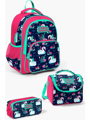 Coral High Kids Neon Mercan Lacivert Kuğu Desenli 3'lü Okul Çanta Seti SET0123402