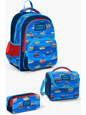 Coral High Kids Lacivert Mavi Gemi Desenli 3'lü Okul Çanta Seti SET0114416