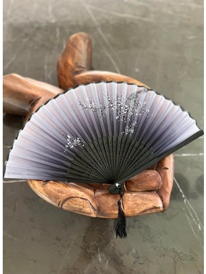 Miamantra Bambu Ipek Şık Japon Yelpaze - Siyah Antrasit Çiçekli