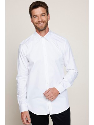 Tudors Modern Fit Uzun Kollu %100 Pamuk Armürlü Premium Erkek Beyaz Gömlek