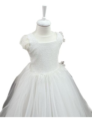 Butik Happy Kids Kız Çocuk Abiye Beyaz Kasnaklı Kabarık Gelinlik Prenses Elbisesi 3-12 Yaş