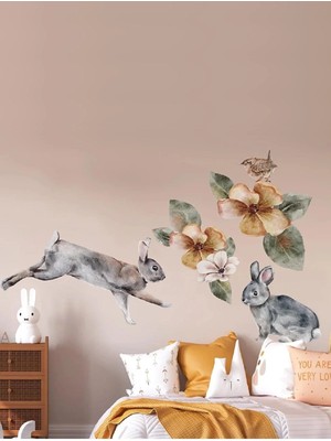 Kt Grup Serenity Tavşanları Boho Yapraklar ve Çiçekler Duvar Sticker Seti