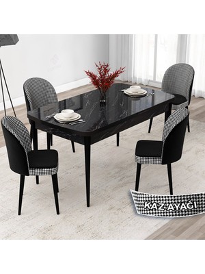 Canisa Concept Jul Serisi 80X132 Açılabilir Siyah Mermer Desen Mutfak Masa Takımı ve 4 Sandalye