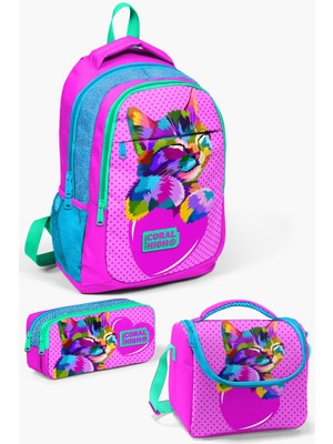 Coral High Pembe Mavi Simli Kedi Desenli 3’lü Okul Çanta Seti 22 Litre Kapasiteyle Eğlenceli Tasarım