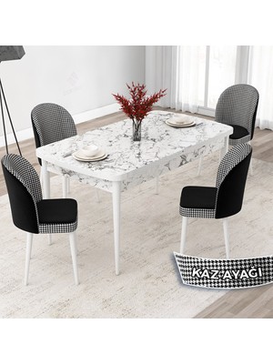 Canisa Concept Jul Serisi 80X132 Açılabilir Beyaz Mermer Desen Mutfak Masa Takımı ve 4 Sandalye