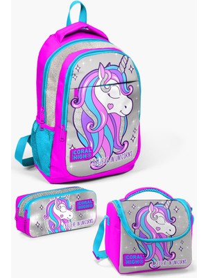 Coral High Kids Pembe Gümüş Simli Unicorn Desenli 3’lü Okul Çanta Seti SET0114383