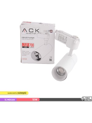 Ack 10W Cob LED Monofaze Ray Armatür 3000K Günışığı Beyaz Kasa