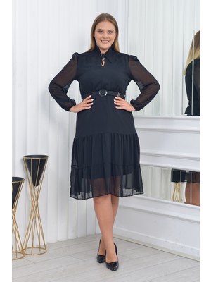 Neşeli Butik Kadın Gipeli Midi Boy Büyük Beden Şifon Elbise NM7156