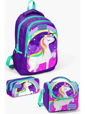 Coral High Kids Mor Su Yeşili Unicorn Desenli 3’lü Okul Çanta Seti SET0114376