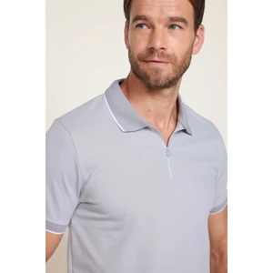 Erkek Slim Fit Fermuarlı Polo Yaka Pike Pamuklu Gri Tişört