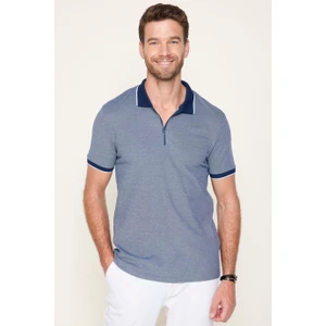Erkek Slim Fit Fermuarlı Polo Yaka Pike Pamuklu Lacivert Tişört
