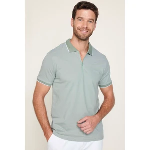 Erkek Slim Fit Fermuarlı Polo Yaka Pike Pamuklu Mint Tişört