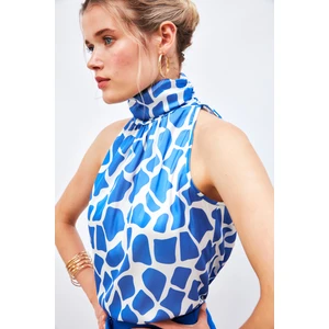 Desenli Kolsuz Bluz - Lacivert