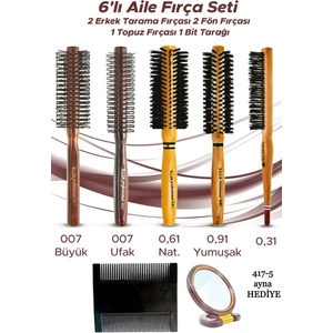 6'lı Aile Fırça Seti 2 Erkek Tarama Fırçası 2 Fön Fırçası 1 Topuz Fırçası 1 Bit Tarağı Ayna 4