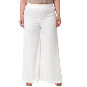 Disentis Modest Büyük Beden Geniş Paça Beli Arkadan Lastikli Saten Beyaz Pantolon