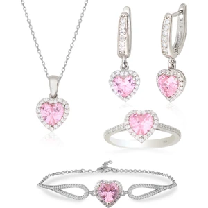 925 Ayar Gümüş Swarovski Pembe Kalp Takı Seti