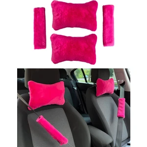 Oto Aksesuarcım Peluş Ortopedik Araba Seyahat Boyun Yastığı Emniyet Kemer Pedi Seti Fuşya Pembe