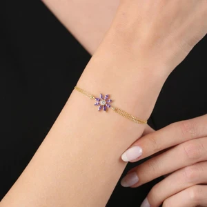 Mia Vento Pırlanta Montür Ametist Güneşi Gold Renk Gümüş Bileklik