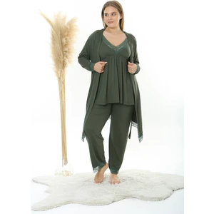 XL Modam Kadın Büyük Beden Sabahlıklı 3 Lü Haki Pijama Takımı