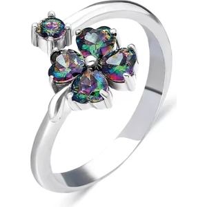 İpek Silver 925 Ayar Gümüş Ayarlanabilir Yonca Motifli Yüzük - Silver