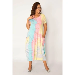 Kadın Saks Batik Desen V Yaka Cepli Elbise 65N33979