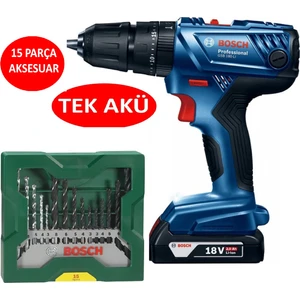 Tek Akülü Darbeli Matkap 18V Akülü Vidalama Şarjlı Matkap + Bosch 15 Matkap Ucu Seti