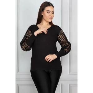 Kadın Büyük Beden Siyah Kolu Flok Tül Bluz 65N17976