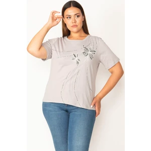 Kadın Gri Pamuklu Kumaş Ön Baskılı Kısa Kollu Bluz 65N27881