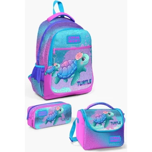Coral High Kids Açık Pembe Mavi Kaplumbağa Desenli 3’lü Okul Çanta Seti SET0123497