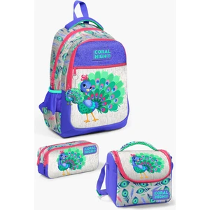 Coral High Kids Gümüş Lavanta Tavus Kuşu Desenli 3’lü Okul Çanta Seti SET0123488