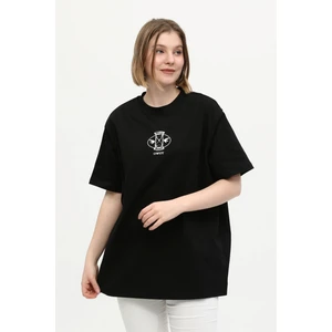 Owut Collection Siyah %100 Pamuk Bisiklet Yaka Sırt Baskılıoversize Örme T-Shirt