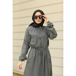 6501-DENİM Reglan Kollu Cepli  Elbise Gri