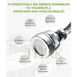 3 Fonksiyonlu Su Tasarruflu 360 Derece Dönebilen Krom Kaplama Musluk Ucu
