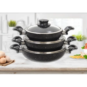 Asal Home Çift Kulp Kapaklı Siyah Gümüş Granit Omlet/Sahan Tava Seti 18+20+22 cm