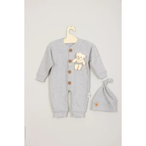 Ada Bebek Çocuk Adabebek  Pamuk Ahşap Düğmeli Ayıcıklı Fitilli Tarz Şapkalı Bebek Tulum