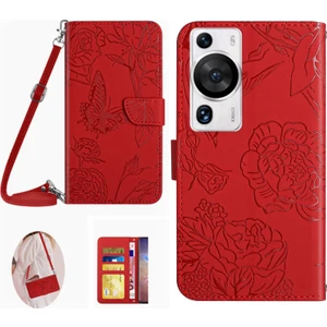 Huawei Telefon Kılıfı P60 / P60 Pro Cüzdan Pu Deri Deri Stand Kelebek Çiçekleri Baskılı Kapak Omuz Kayışı (Yurt Dışından)