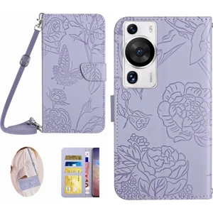 Huawei Telefon Kılıfı P60 / P60 Pro Cüzdan Pu Deri Deri Stand Kelebek Çiçekleri Baskılı Kapak Omuz Kayışı (Yurt Dışından)