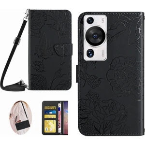 Huawei Telefon Kılıfı P60 / P60 Pro Cüzdan Pu Deri Deri Stand Kelebek Çiçekleri Baskılı Kapak Omuz Kayışı (Yurt Dışından)