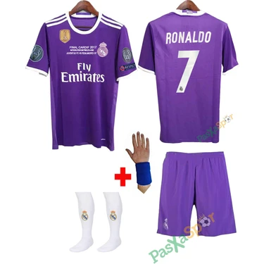 Pasxaspor 2017 Real Madrid Mor Deplasman Ronaldo Çocuk Forması Şort Çorap Bileklik