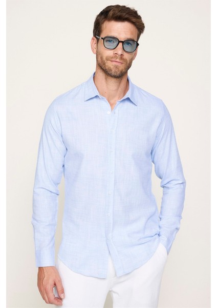 Slim Fit Pamuklu Keten Düz Yazlık Erkek Mavi Gömlek fiyatları