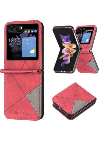 Samsung Galaxy Z Flip5 Kırmızı Için Rhombus Doku Deri Kılıf (Yurt Dışından)