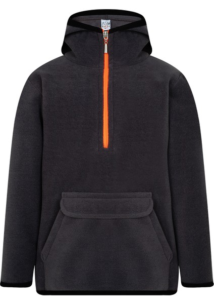 Çocuk Polar Yarım Fermuarlı Kapşonlu Kanguru Cep Sweatshirt Füme Unisex