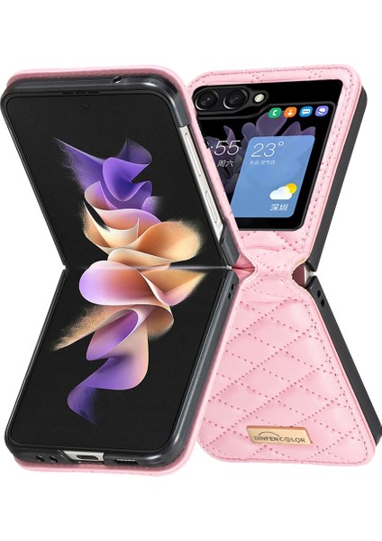 Plz Shop Samsung Galaxy Z Flip5 Pink Için Rhombic Doku Deri Kılıf (Yurt Dışından)