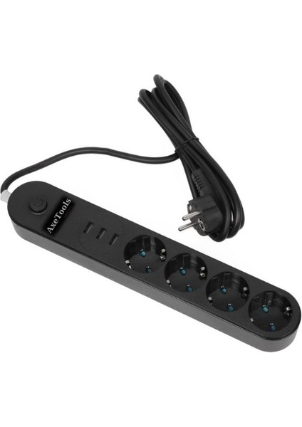 Premium 4'lü Priz 3 Port USB Çoklu Grup Priz 2 Metre Kablo 10A Akım Korumalı