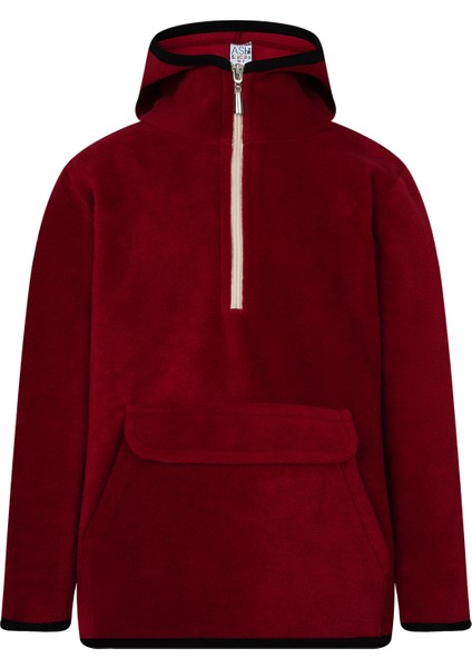 Çocuk Polar Yarım Fermuarlı Kapşonlu Kanguru Cep Sweatshirt Bordo Unisex